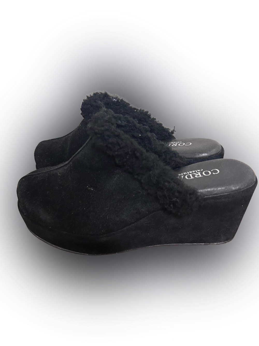 Cordani Calzature Black Shearling Leather Suede Wedge Mules Clogs Platform Sz 8